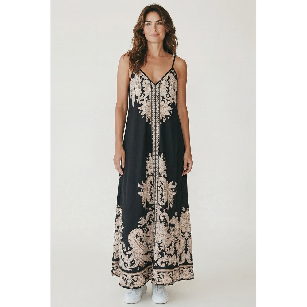 SHEIN Curve Womens 2XL Black Beige Paisley Damask Print‎ V-Neck Maxi Slip Dress